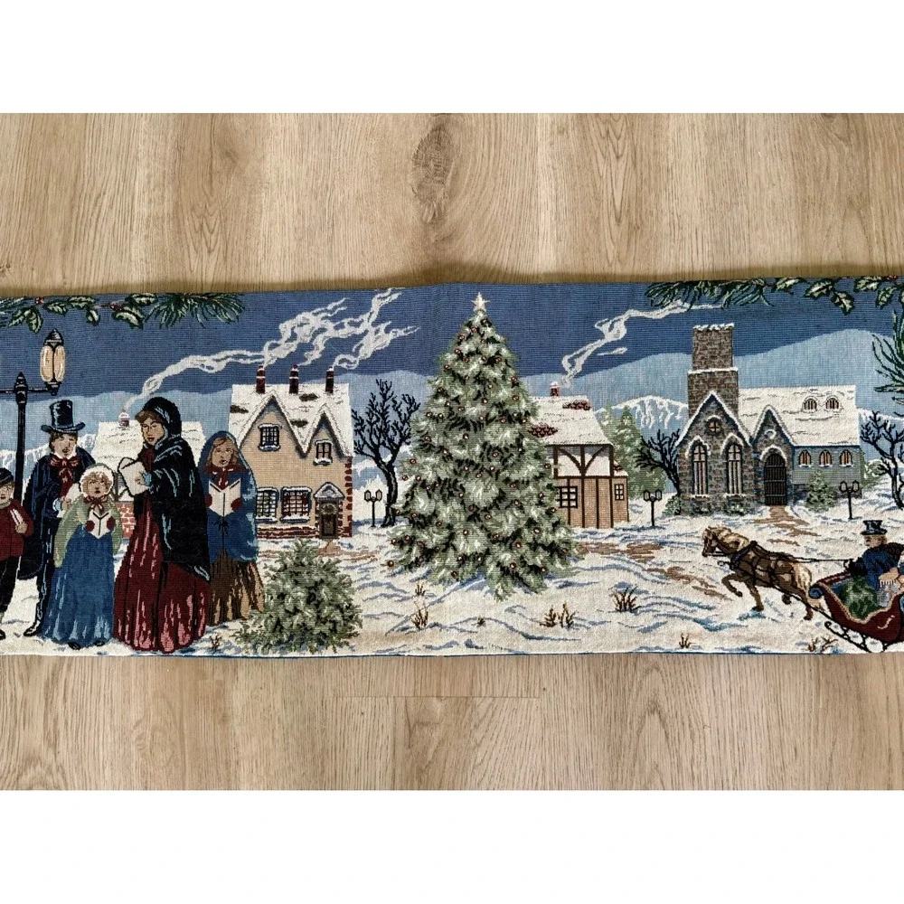 Vintage Christmas‎ Tapestry Table Runner Victorian Village Sleigh Carolers Blue